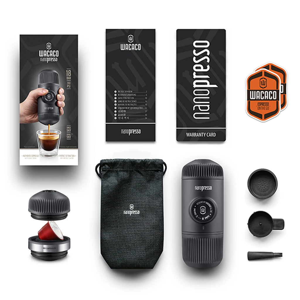 Wacaco Nanopresso Portable Espresso Maker Bundled with NS Adapter, Compact Travel Coffee Maker, Coffee Drinks on the Go